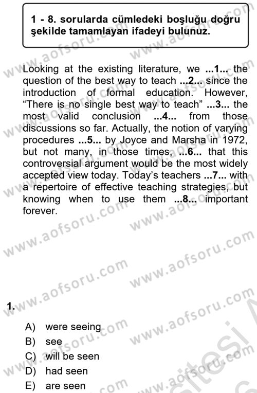 Pedagojik Gramer 2 Dersi 2015 - 2016 Yılı (Final) Dönem Sonu Sınav Soruları 1. Soru