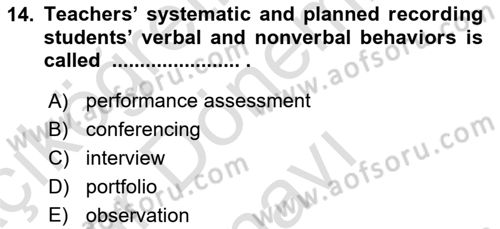 Yabancı Dil Öğretiminde Ölçme Ve Değerlendirme 2 Dersi 2015 - 2016 Yılı (Final) Dönem Sonu Sınav Soruları 14. Soru
