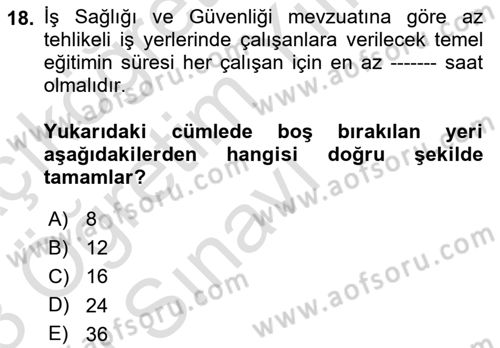 İş Sağlığı ve Güvenliğinin Temelleri Dersi 2022 - 2023 Yılı Yaz Okulu Sınav Soruları 18. Soru