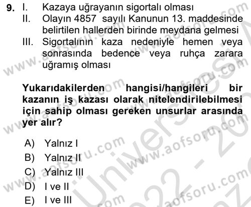 İş Sağlığı ve Güvenliğinin Temelleri Dersi 2022 - 2023 Yılı Yaz Okulu Sınav Soruları 9. Soru
