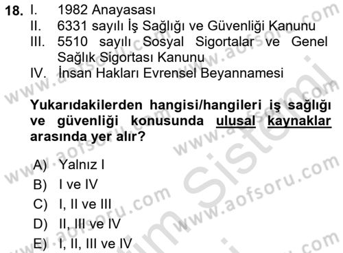 İş Sağlığı ve Güvenliğinin Temelleri Dersi 2023 - 2024 Yılı (Vize) Ara Sınav Soruları 18. Soru