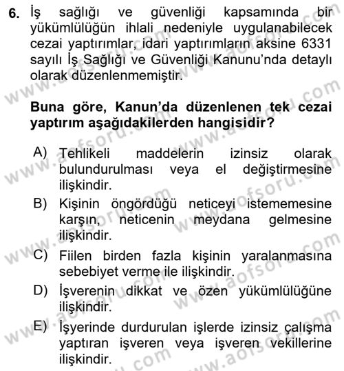 İş Sağlığı ve Güvenliğinin Temelleri Dersi 2023 - 2024 Yılı (Final) Dönem Sonu Sınavı 6. Soru