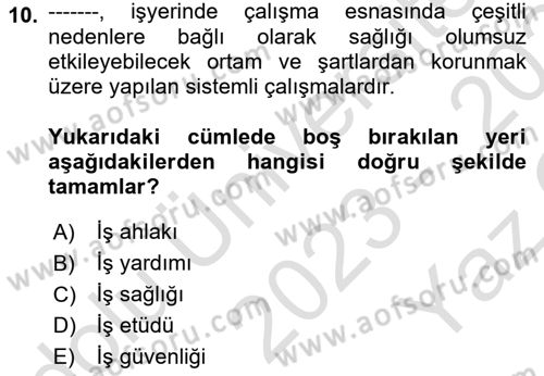 İş Sağlığı ve Güvenliğinin Temelleri Dersi 2023 - 2024 Yılı Yaz Okulu Sınav Soruları 10. Soru