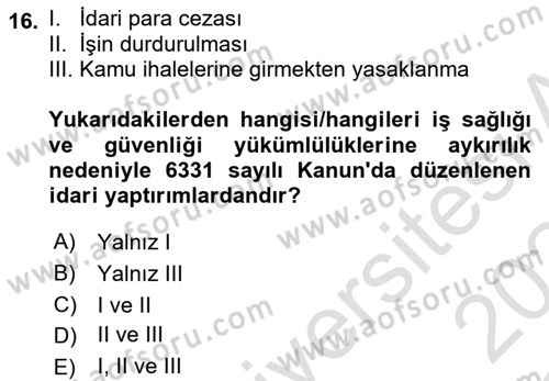 İş Sağlığı ve Güvenliğinin Temelleri Dersi 2023 - 2024 Yılı Yaz Okulu Sınav Soruları 16. Soru