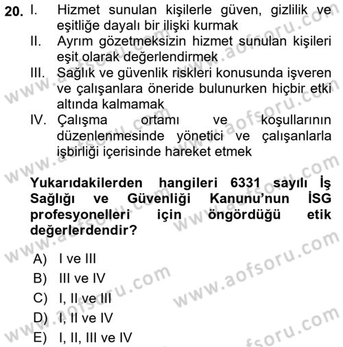 İş Sağlığı ve Güvenliğinin Temelleri Dersi 2023 - 2024 Yılı Yaz Okulu Sınav Soruları 20. Soru