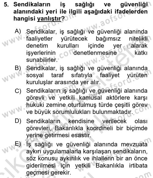 İş Sağlığı ve Güvenliğinin Temelleri Dersi 2023 - 2024 Yılı Yaz Okulu Sınav Soruları 5. Soru