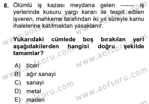 İş Sağlığı ve Güvenliğinin Temelleri Dersi 2023 - 2024 Yılı Yaz Okulu Sınav Soruları 8. Soru