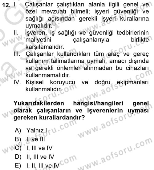 İş Sağlığı ve Güvenliğinin Temelleri Dersi 2024 - 2025 Yılı (Vize) Ara Sınav Soruları 12. Soru