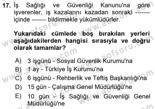 İş Sağlığı ve Güvenliğinin Temelleri Dersi 2024 - 2025 Yılı (Vize) Ara Sınav Soruları 17. Soru