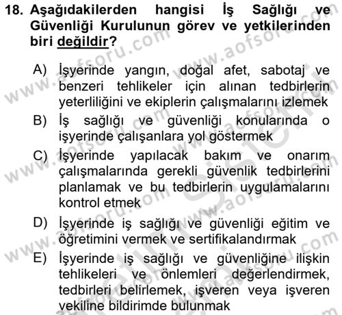 İş Sağlığı ve Güvenliğinin Temelleri Dersi 2024 - 2025 Yılı (Vize) Ara Sınav Soruları 18. Soru