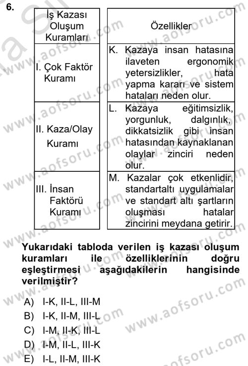 İş Sağlığı ve Güvenliğinin Temelleri Dersi 2024 - 2025 Yılı (Vize) Ara Sınav Soruları 6. Soru