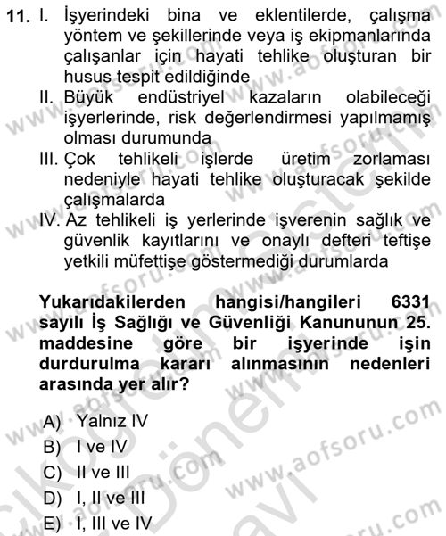İş Sağlığı ve Güvenliğinin Temelleri Dersi 2024 - 2025 Yılı (Final) Dönem Sonu Sınav Soruları 11. Soru