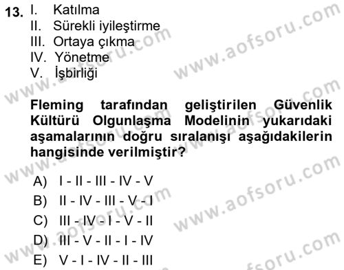 İş Sağlığı ve Güvenliğinin Temelleri Dersi 2024 - 2025 Yılı (Final) Dönem Sonu Sınav Soruları 13. Soru