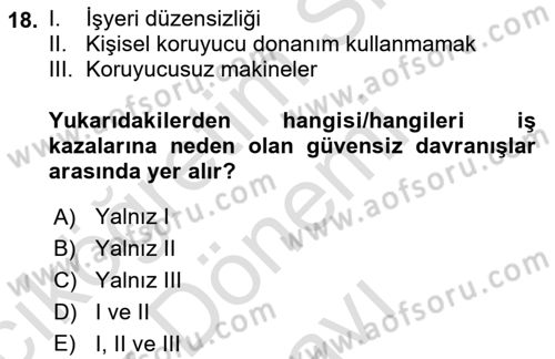 İş Sağlığı ve Güvenliğinin Temelleri Dersi 2024 - 2025 Yılı (Final) Dönem Sonu Sınav Soruları 18. Soru