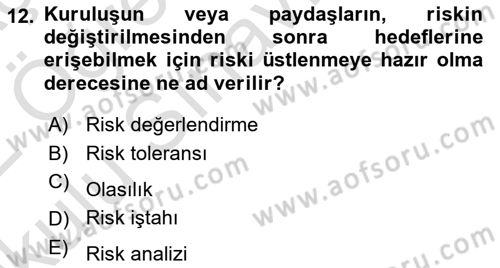 Yönetim Sistemleri ve Risk Yönetimi Dersi 2021 - 2022 Yılı Yaz Okulu Sınav Soruları 12. Soru