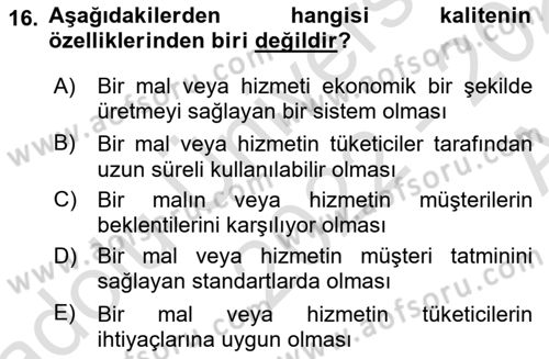 Yönetim Sistemleri ve Risk Yönetimi Dersi 2022 - 2023 Yılı (Vize) Ara Sınavı 16. Soru