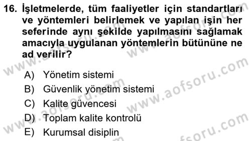 Yönetim Sistemleri ve Risk Yönetimi Dersi 2025 - 2026 Yılı (Vize) Ara Sınav Soruları 16. Soru