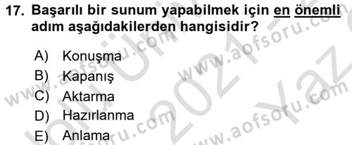 Çalışma Hayatında Bilişim, Belge Yönetimi Dersi 2021 - 2022 Yılı Yaz Okulu Sınav Soruları 17. Soru