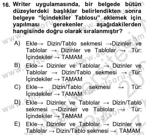 Çalışma Hayatında Bilişim, Belge Yönetimi Dersi 2022 - 2023 Yılı Yaz Okulu Sınav Soruları 16. Soru
