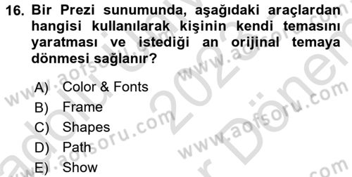 Çalışma Hayatında Bilişim, Belge Yönetimi Dersi 2023 - 2024 Yılı (Final) Dönem Sonu Sınav Soruları 16. Soru