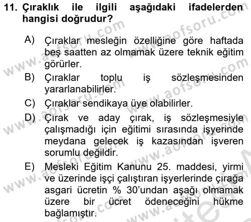 İş Sağlığı ve Güvenliği Mevzuatı Dersi 2019 - 2020 Yılı (Vize) Ara Sınavı 11. Soru