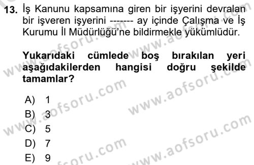 İş Sağlığı ve Güvenliği Mevzuatı Dersi 2019 - 2020 Yılı (Vize) Ara Sınavı 13. Soru