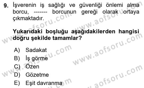 İş Sağlığı ve Güvenliği Mevzuatı Dersi Ara Sınavı Deneme Sınav Soruları 9. Soru