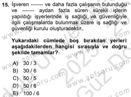 İş Sağlığı ve Güvenliği Mevzuatı Dersi 2025 - 2026 Yılı (Vize) Ara Sınav Soruları 15. Soru