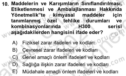 Çevre Sağlığı ve Güvenliği Dersi 2021 - 2022 Yılı (Final) Dönem Sonu Sınav Soruları 10. Soru