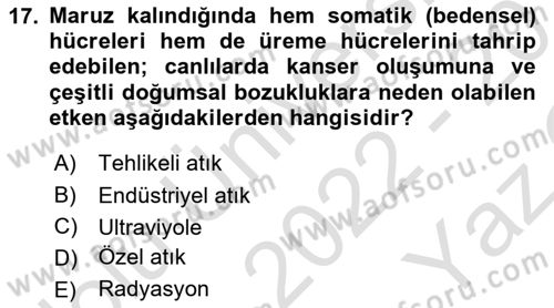Çevre Sağlığı ve Güvenliği Dersi 2022 - 2023 Yılı Yaz Okulu Sınav Soruları 17. Soru