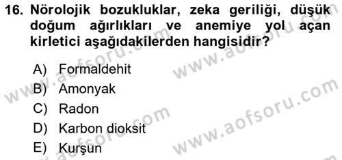 Çevre Sağlığı ve Güvenliği Dersi 2024 - 2025 Yılı (Vize) Ara Sınav Soruları 16. Soru