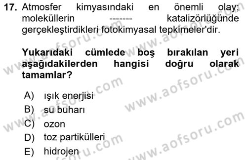 Çevre Sağlığı ve Güvenliği Dersi 2024 - 2025 Yılı (Vize) Ara Sınav Soruları 17. Soru