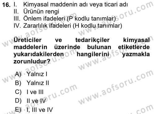 Çevre Sağlığı ve Güvenliği Dersi 2025 - 2026 Yılı (Final) Dönem Sonu Sınav Soruları 16. Soru