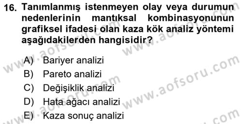 Afet, Acil Durum ve Endüstriyel Kazalarda İş Sağlığı ve Güvenliği Dersi 2021 - 2022 Yılı Yaz Okulu Sınav Soruları 16. Soru