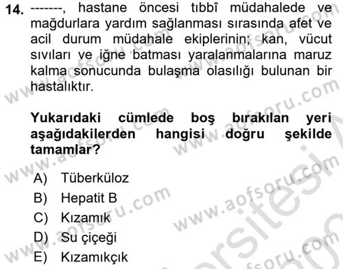 Afet, Acil Durum ve Endüstriyel Kazalarda İş Sağlığı ve Güvenliği Dersi 2024 - 2025 Yılı (Vize) Ara Sınav Soruları 14. Soru