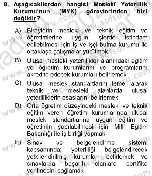 Afet, Acil Durum ve Endüstriyel Kazalarda İş Sağlığı ve Güvenliği Dersi 2024 - 2025 Yılı (Vize) Ara Sınav Soruları 9. Soru