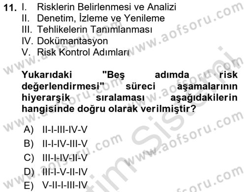 Afet, Acil Durum ve Endüstriyel Kazalarda İş Sağlığı ve Güvenliği Dersi 2024 - 2025 Yılı Yaz Okulu Sınav Soruları 11. Soru