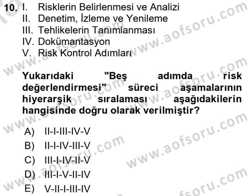 Afet ve Acil Durumlarda İş Sağlığı ve Güvenliği Dersi 2020 - 2021 Yılı Yaz Okulu Sınavı 10. Soru