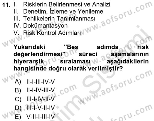 Afet ve Acil Durumlarda İş Sağlığı ve Güvenliği Dersi 2021 - 2022 Yılı (Vize) Ara Sınavı 11. Soru