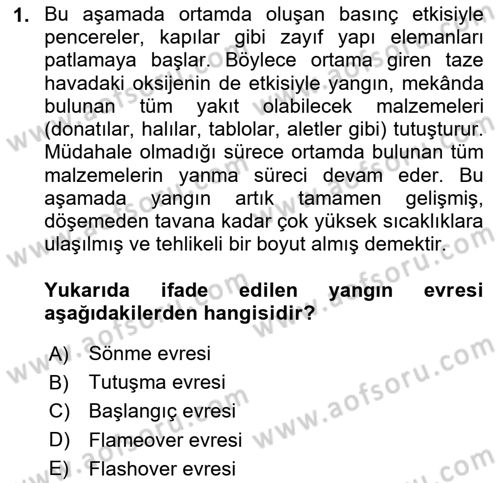 Temel Yangın Güvenliği Dersi 2022 - 2023 Yılı Yaz Okulu Sınavı 1. Soru