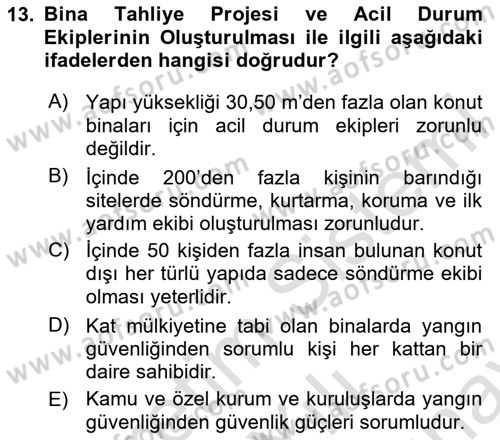 Temel Yangın Güvenliği Dersi 2023 - 2024 Yılı (Final) Dönem Sonu Sınavı 13. Soru