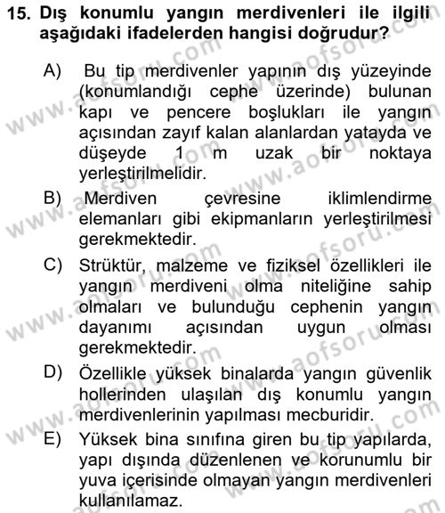 Temel Yangın Güvenliği Dersi 2023 - 2024 Yılı (Final) Dönem Sonu Sınavı 15. Soru