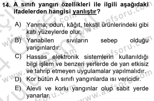 Temel Yangın Güvenliği Dersi 2023 - 2024 Yılı Yaz Okulu Sınav Soruları 14. Soru