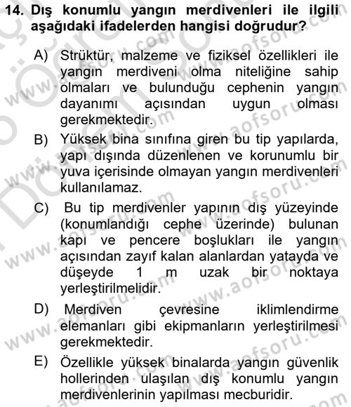 Temel Yangın Güvenliği Dersi 2024 - 2025 Yılı (Final) Dönem Sonu Sınav Soruları 14. Soru