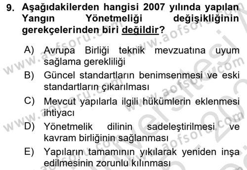 Temel Yangın Güvenliği Dersi 2025 - 2026 Yılı (Vize) Ara Sınav Soruları 9. Soru