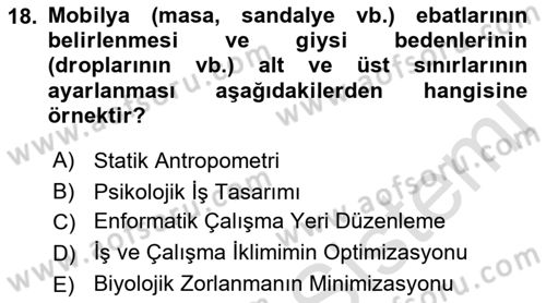 İş Hijyeni ve Ergonomi Dersi 2021 - 2022 Yılı Yaz Okulu Sınavı 18. Soru