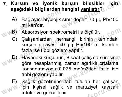 İş Hijyeni ve Ergonomi Dersi 2021 - 2022 Yılı Yaz Okulu Sınav Soruları 7. Soru