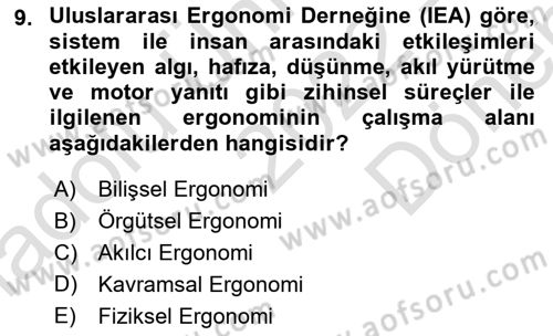 İş Hijyeni ve Ergonomi Dersi 2022 - 2023 Yılı (Final) Dönem Sonu Sınav Soruları 9. Soru
