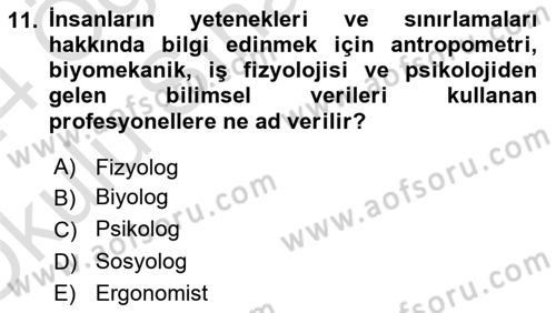 İş Hijyeni ve Ergonomi Dersi 2023 - 2024 Yılı Yaz Okulu Sınav Soruları 11. Soru