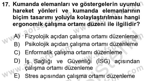 İş Hijyeni ve Ergonomi Dersi 2023 - 2024 Yılı Yaz Okulu Sınav Soruları 17. Soru